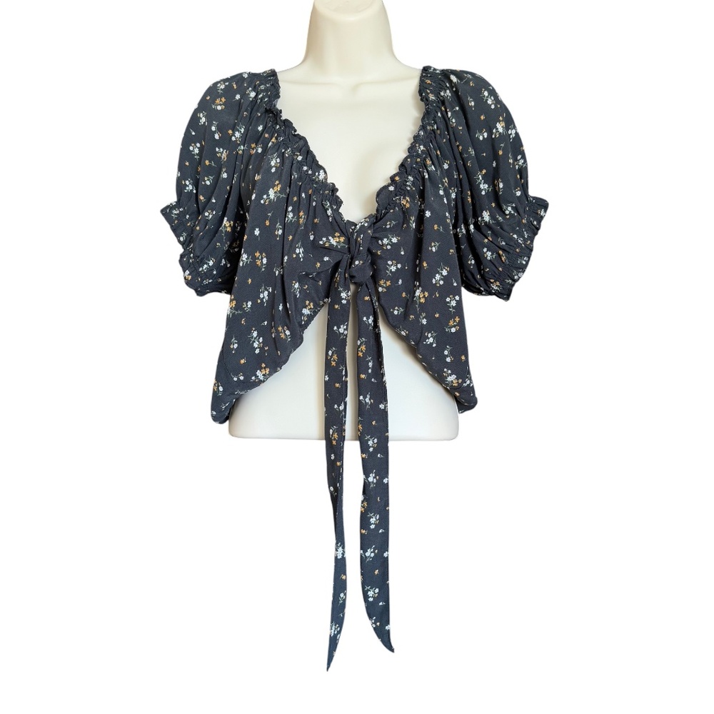 American Eagle Floral Puff Sleeve Tie Front Crop Top Black XL NWT - Picture 4 of 13